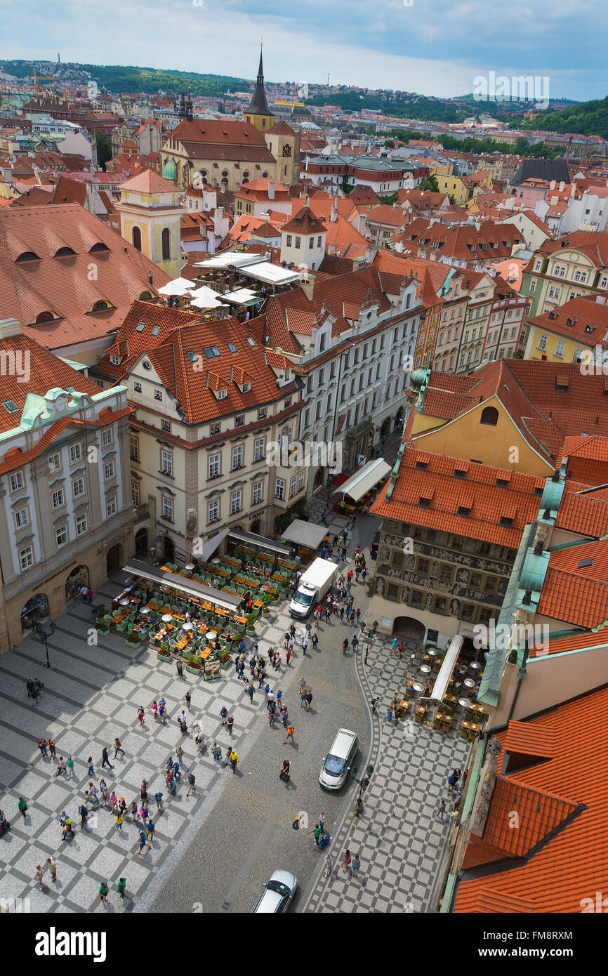 Street view of Prague from the top of the Astronomical Clock Tower in the Old Town Square. Stock Photo