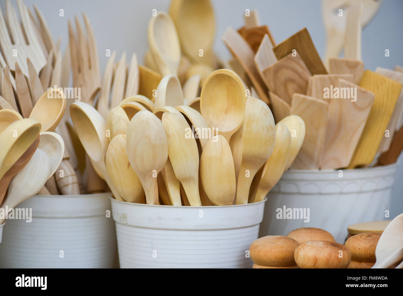 Wooden spoons in the handicraft mart Kaziukas, Vilnius, Lithuania Stock Photo