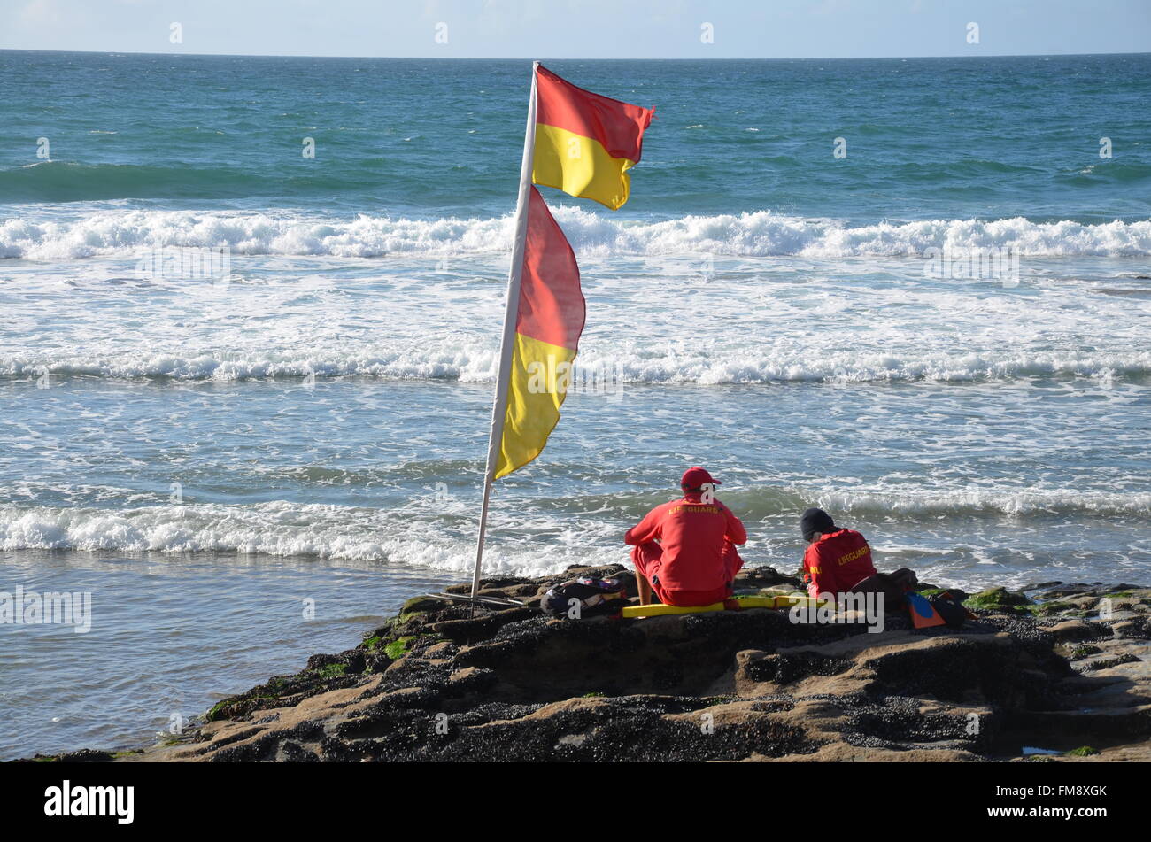 Lifeguards at Trebarwith Strand, Cornwall Stock Photo