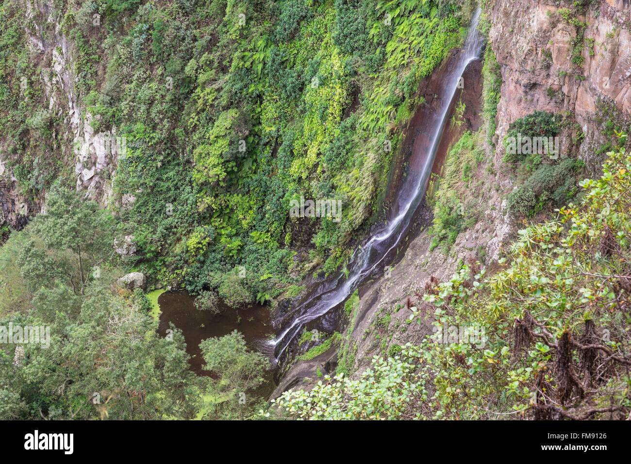 Spain, Canary Islands, La Gomera island declared a Biosphere Reserve by UNESCO, Garajonay National Park (Unesco World Heritage), El Cedro waterfall, a natural 150 metre high waterfall which supplies the farming valley of Hermigua Stock Photo