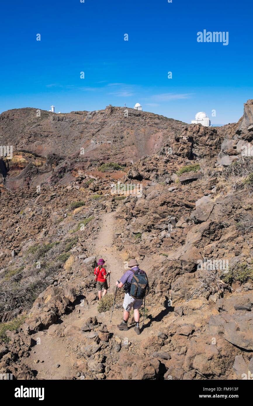 Spain, Canary Islands, La Palma island declared a Biosphere Reserve by UNESCO, Caldera de Taburiente National Park, hiking to Roque de los Muchachos, highest point of the island (alt : 2426m), the Astrophysical Observatory in the background Stock Photo