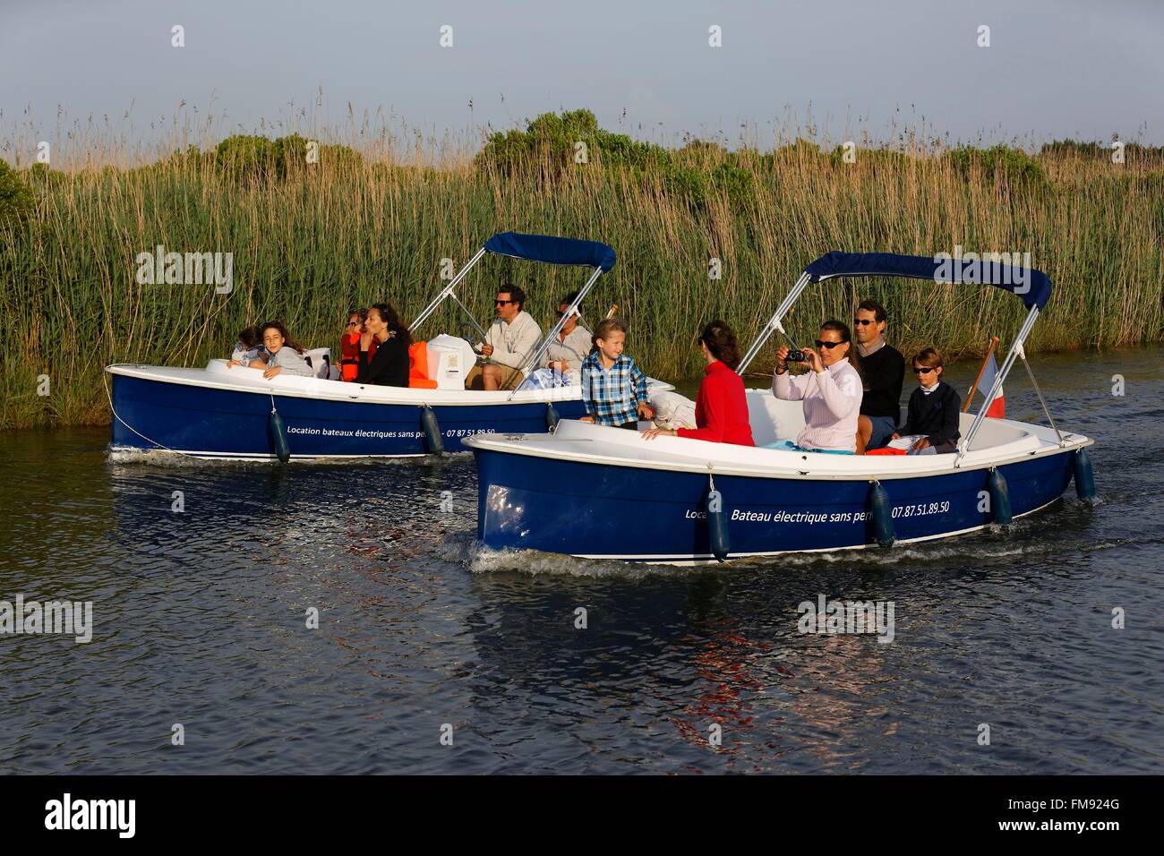 France, Gironde, Bassin d'Arcachon, Le Teich, Leyre river delta, electric boats Stock Photo