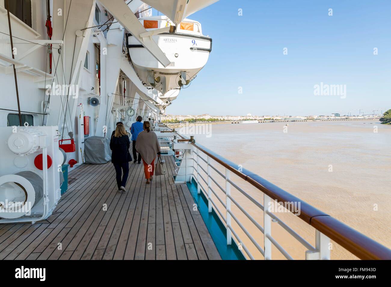 France, Gironde, Bordeaux, area classified World Heritage by UNESCO, view of the harbor from the liner Artania Stock Photo