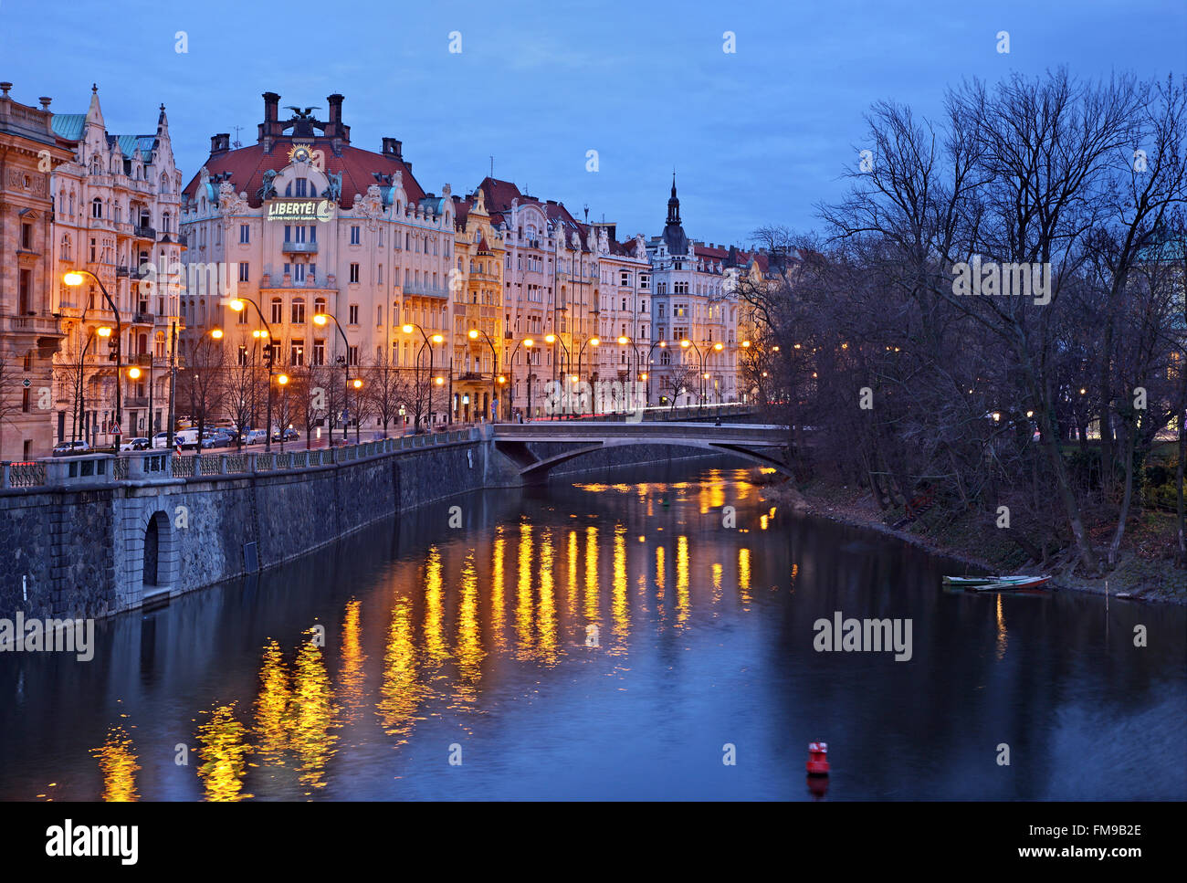 Partial night  view of the riverfront of Nove Mesto ('new town'), Prague, Czech Republic Stock Photo
