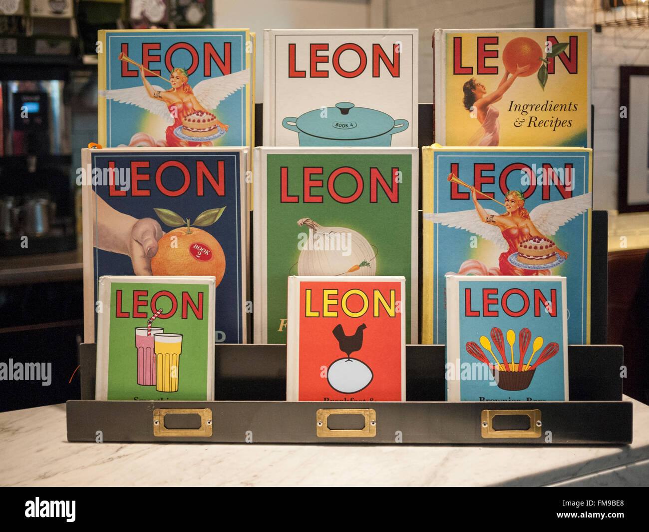 Leon Restaurant cookery books on a rack for sale in a shop Stock Photo