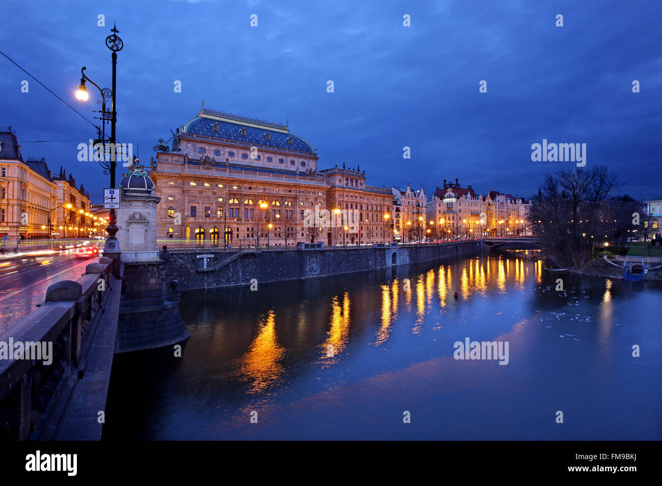 Partial night  view of the riverfront of Nove Mesto ('new town'), Prague, Czech Republic. Stock Photo