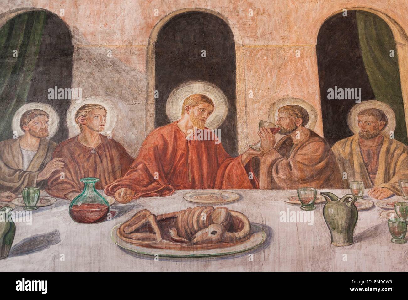 Denmark, Jutland, Viborg, Viborg Domkirke Cathdral, interior frescoes of Jesus Christ and the Last Supper Stock Photo