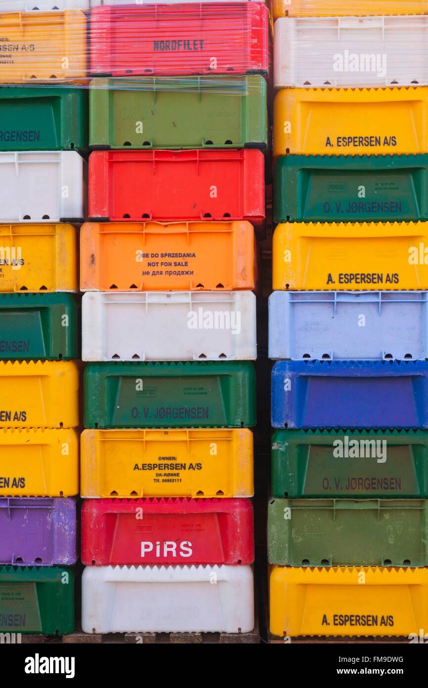 Denmark, Mon, Klintholm Havn, fish containers Stock Photo