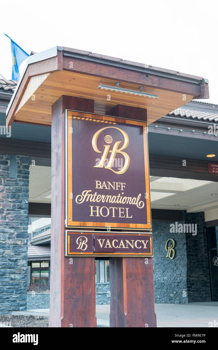 The sign for the Banff International Hotel  Banff Canada Stock Photo