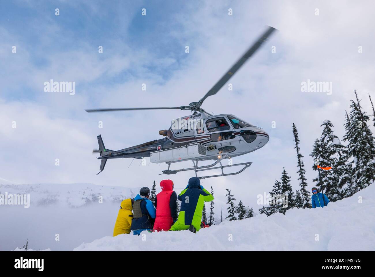 Last Frontier Heliskiing in Northern BC Eurocopter AS 350 Canada Ripley Creek Februar 2016 Stock Photo
