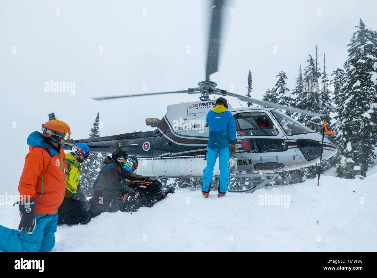 Last Frontier Heliskiing in Northern BC Eurocopter AS 350 Canada Ripley Creek Februar 2016 Stock Photo
