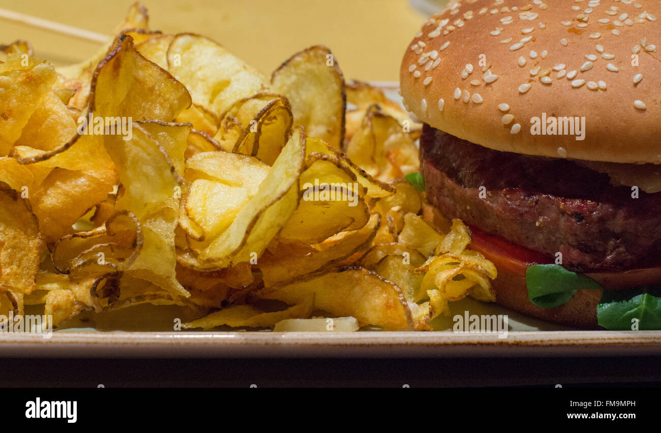Hamburger and Chips Stock Photo
