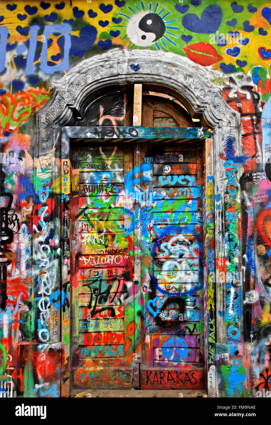 Door on the 'John Lennon wall', Mala Strana ('little quarter'), Prague, Czech Republic. Stock Photo