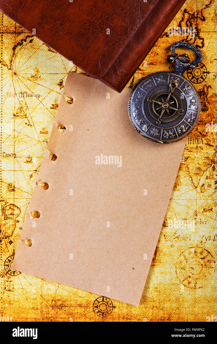 old notebook, loupe and compass on the map Stock Photo - Alamy