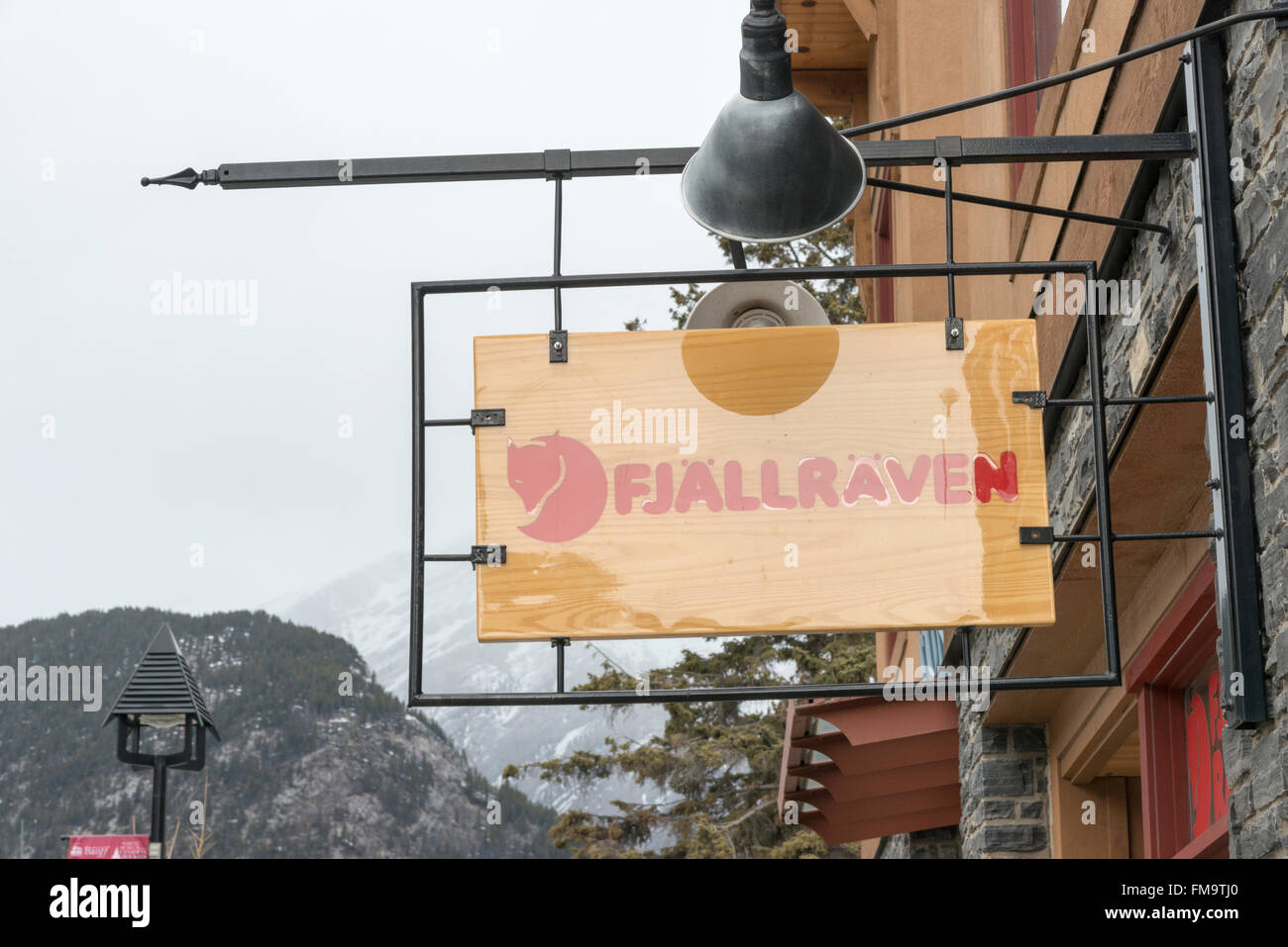 The sign for the Fjallraven clothing shop or store at Banff Canada Stock Photo