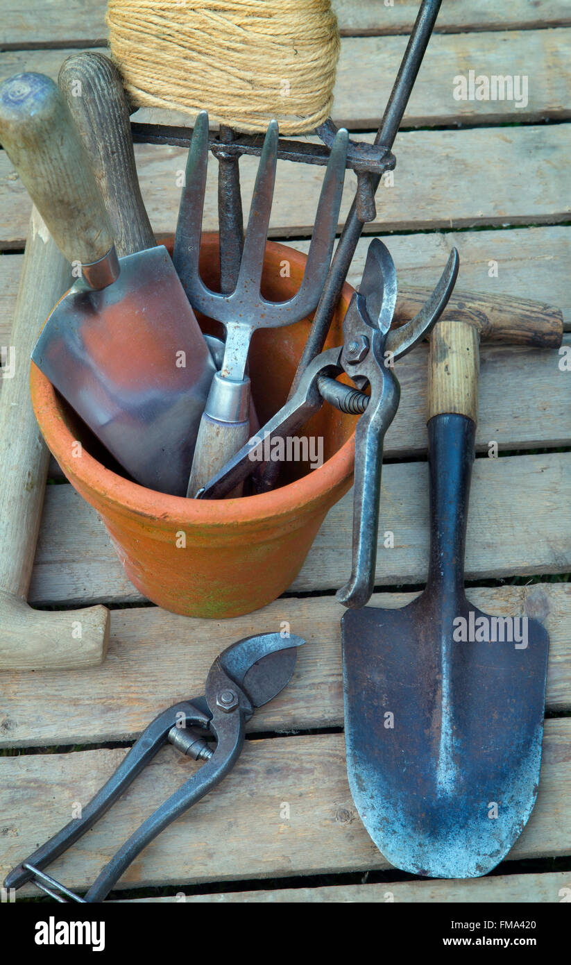 Garden tools laid out in potting shed Stock Photo Alamy