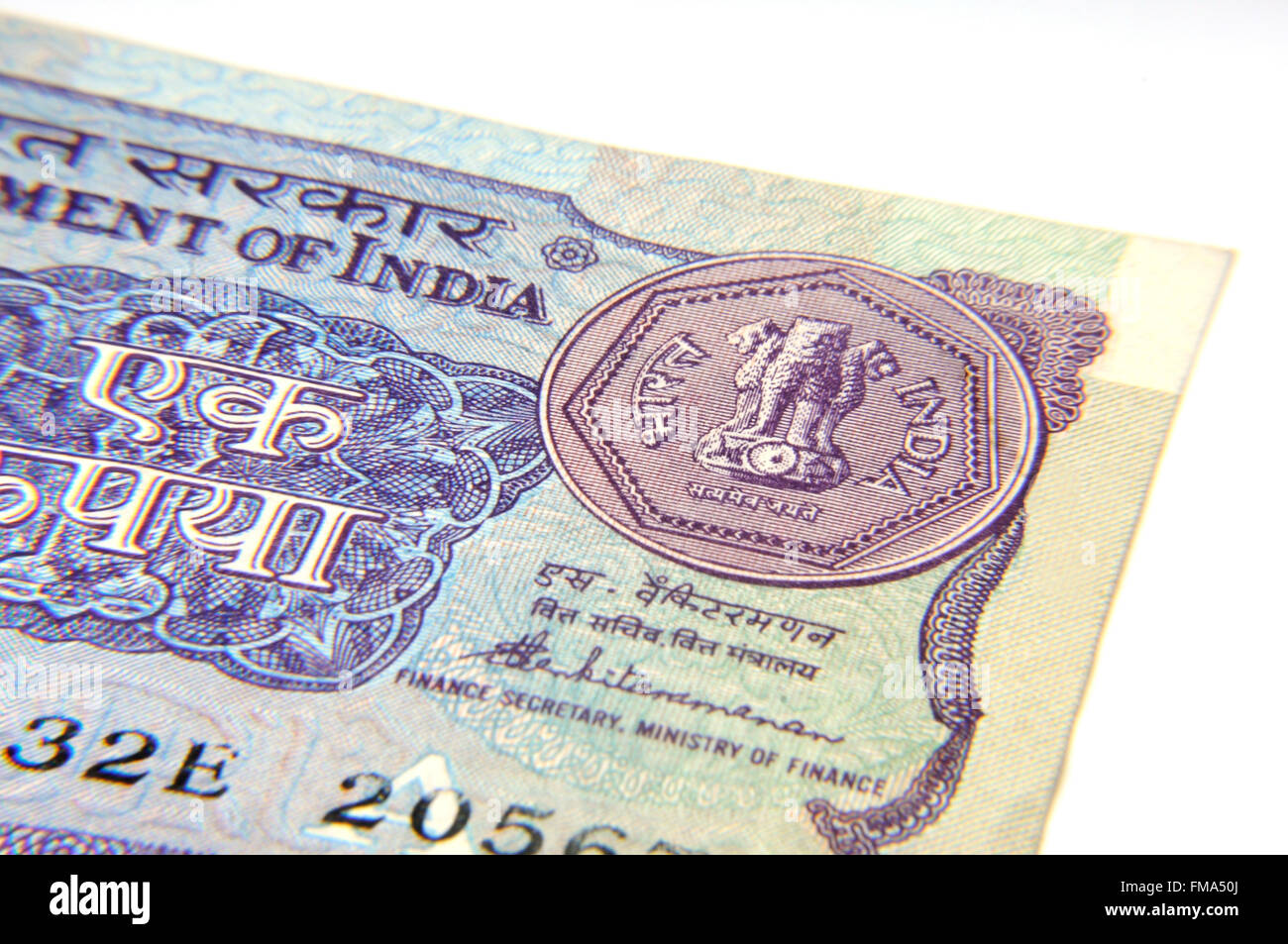 A one rupee note closeup (Indian Currency) Stock Photo