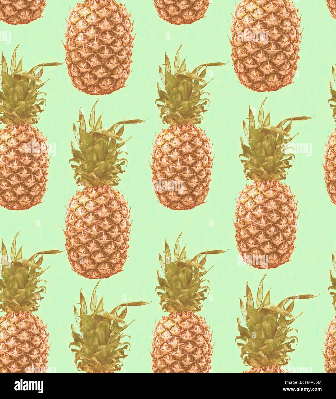Pineapple seamless pattern in vintage pastel colors, hipster tropical summer concept background. Stock Photo