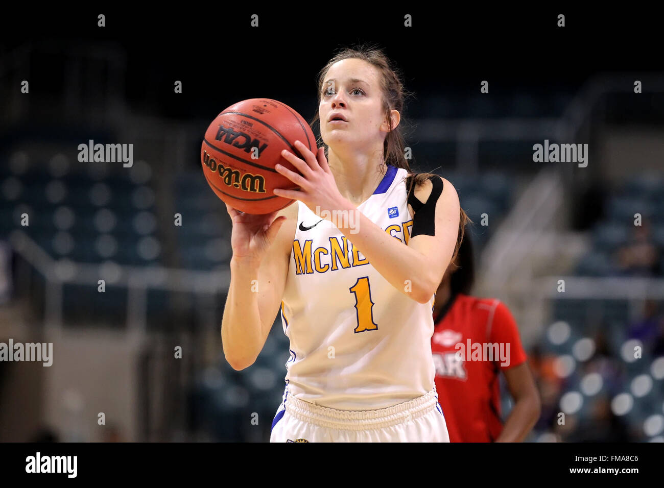 Katy, TX, USA. 11th Mar, 2016. McNeese State guard Allison Baggett (1) shoots a free throw during the women's quarterfinal game of the Southland Basketball tournament between McNeese State and Lamar from Merrell Center in Katy, TX. McNeese State won, 88-78. Credit image: Erik Williams/Cal Sport Media. © csm/Alamy Live News Stock Photo