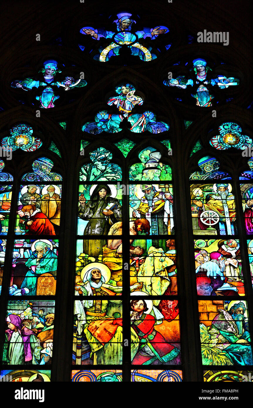 Impressive stained glass window (by Alphonse Mucha) in Saint Vitus
