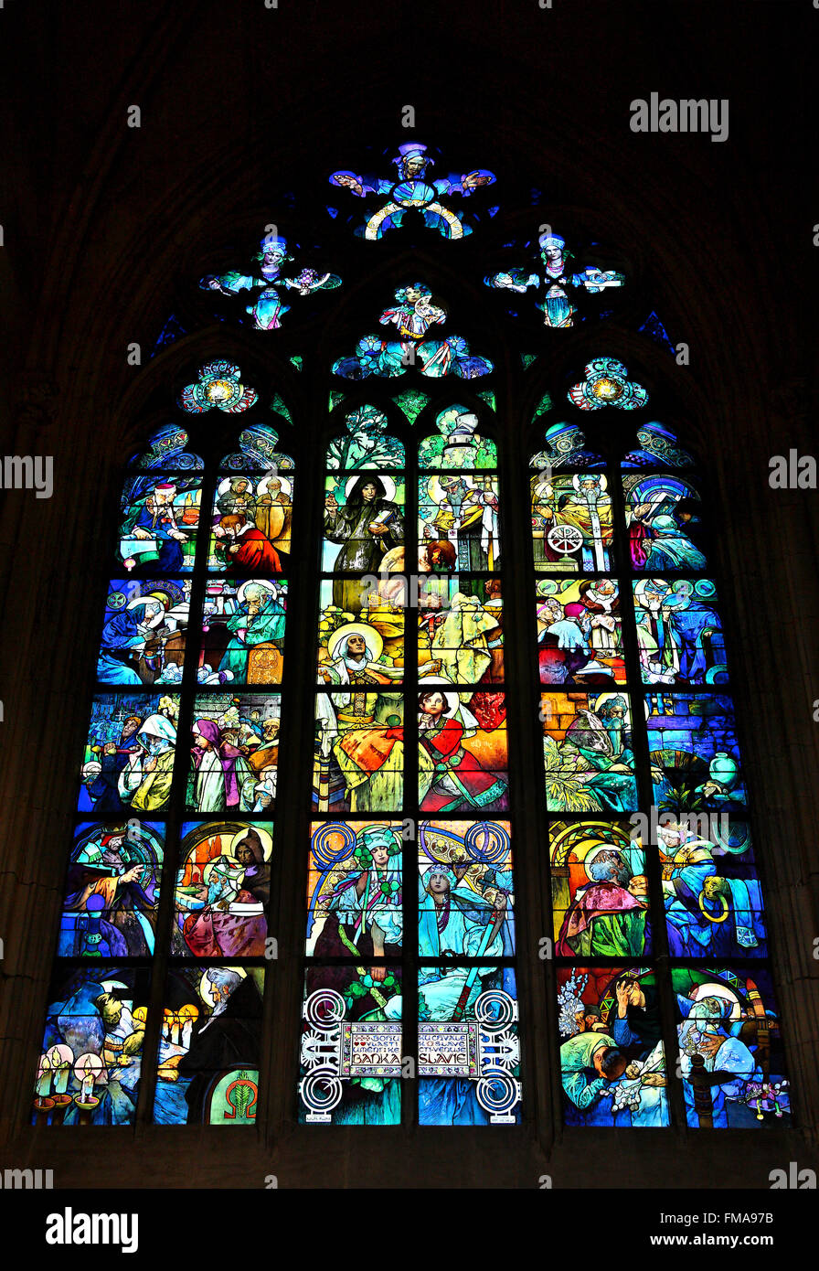 Impressive stained glass window (by Alphonse Mucha) in Saint Vitus