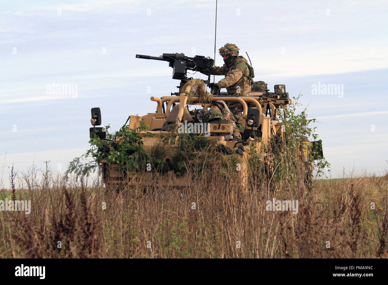 Jackal Patrol Vehicle camouflaged with vegetation. Stock Photo