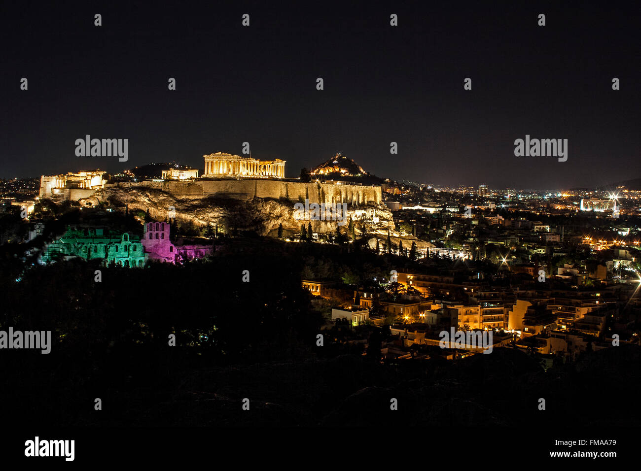 Night view of Athens, Acropolis and The Odeon of Herodes Atticus, Greece Stock Photo