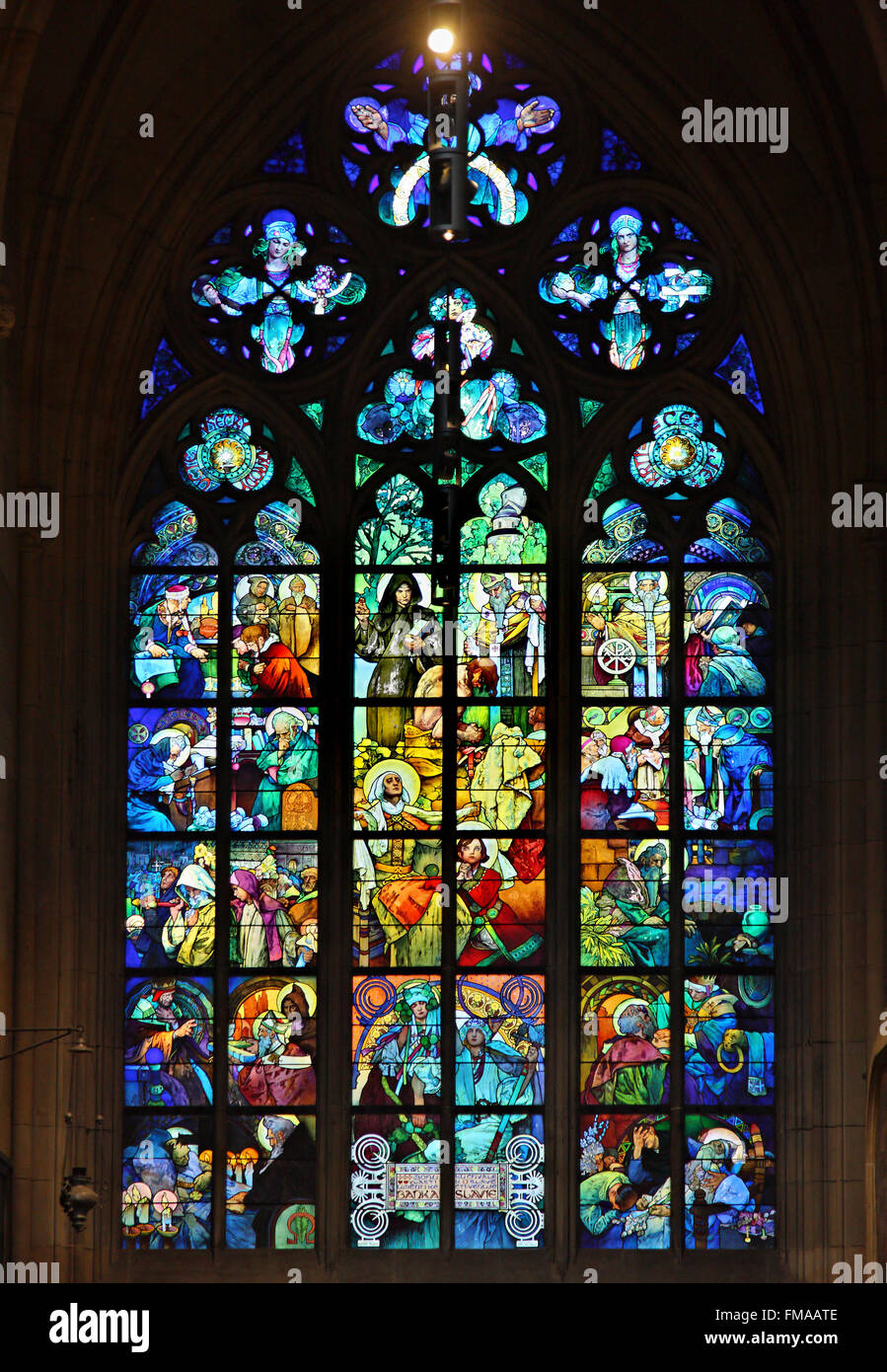 Impressive stained glass window (by Alphonse Mucha) in Saint Vitus