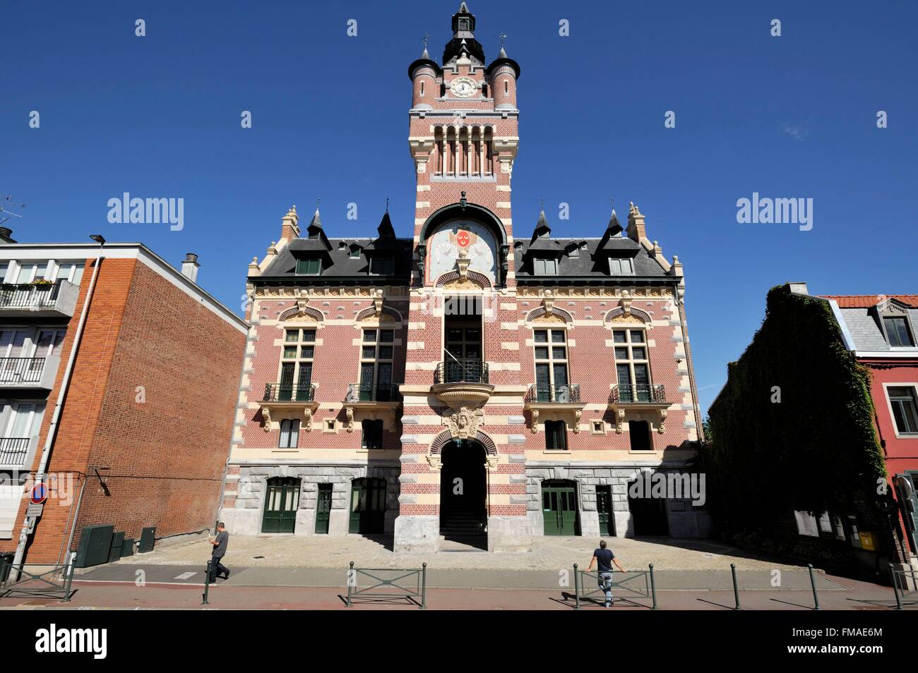 France, Nord, Loos, Marshal Foch Street, City Hotel and its belfry built in 1880 in neo flemish style and listed as world Stock Photo