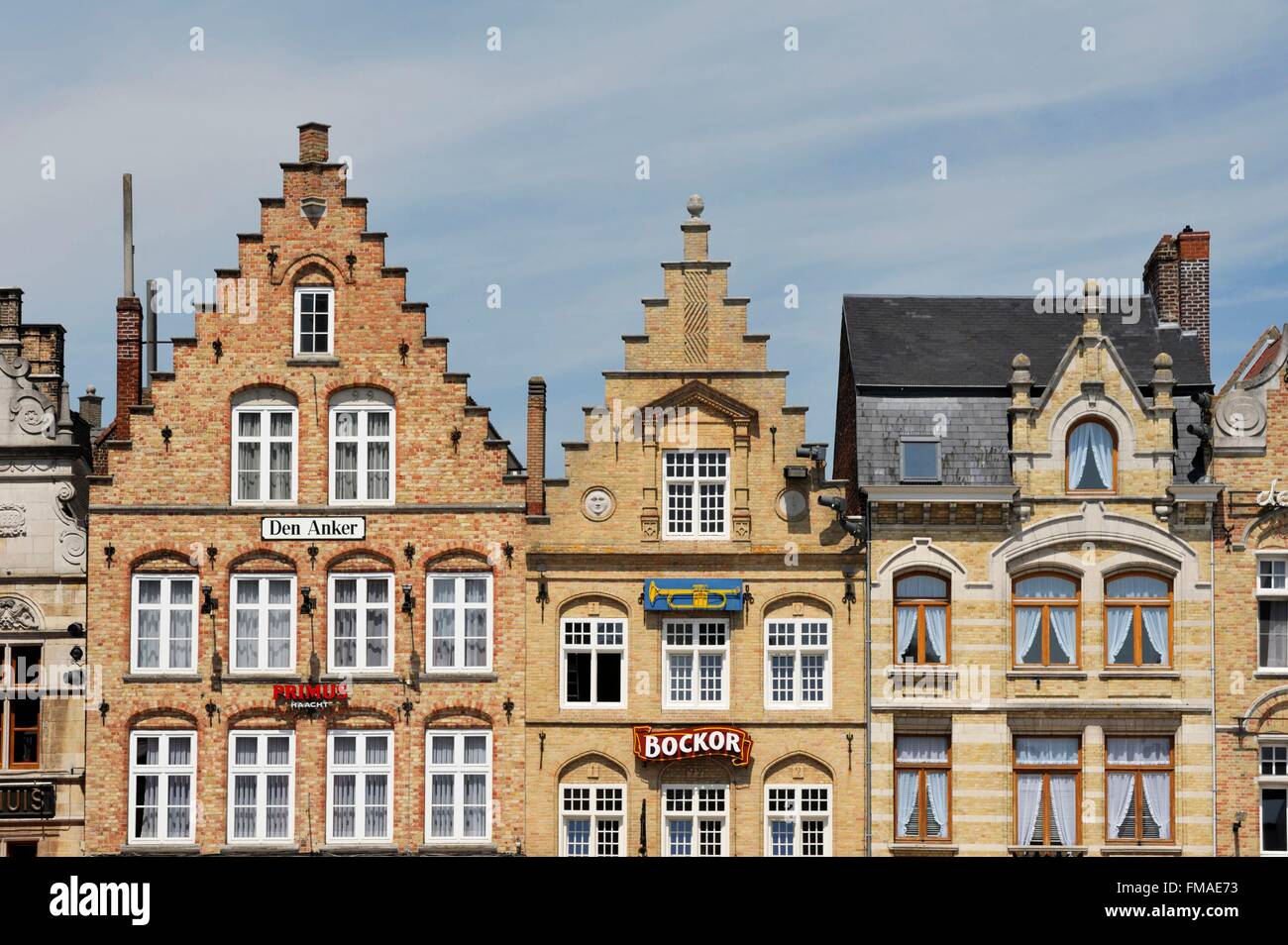 Belgium, West Flanders, Ypres or Ieper, facades of historic houses around the Grand Place Stock Photo