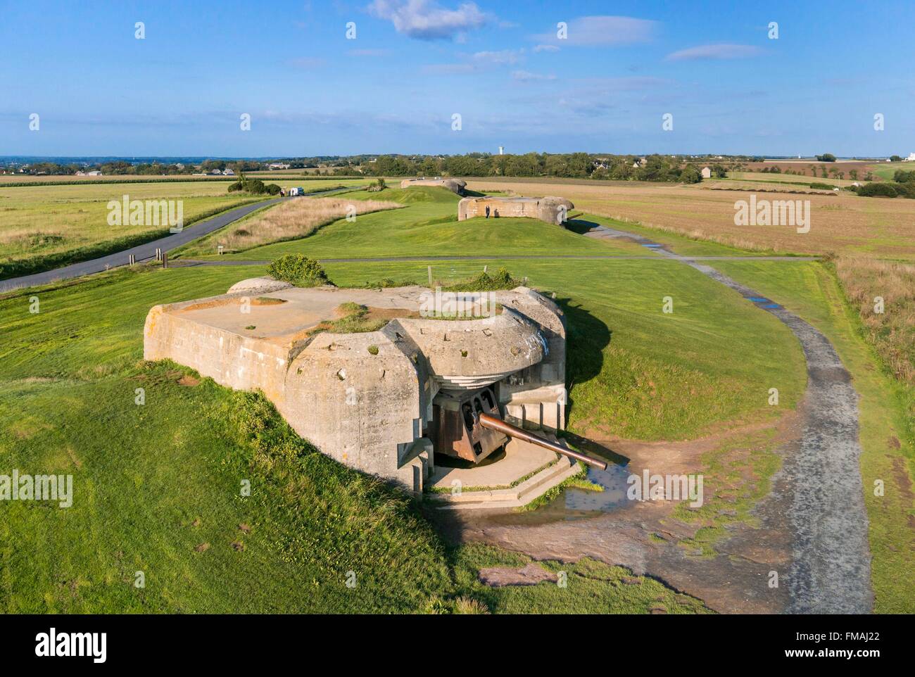France, Calvados, Longues sur Mer, the gun batterie of the Atlantic Wall, naval guns of 150 mm long-range (aerial view) Stock Photo