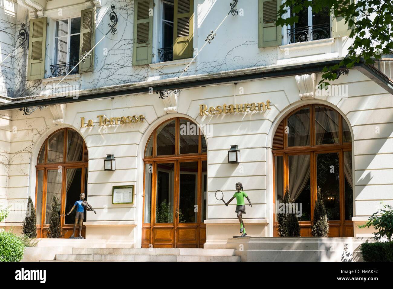 France, Ain, Pays de Gex, Divonne les Bains, La Terrasse restaurant Stock Photo