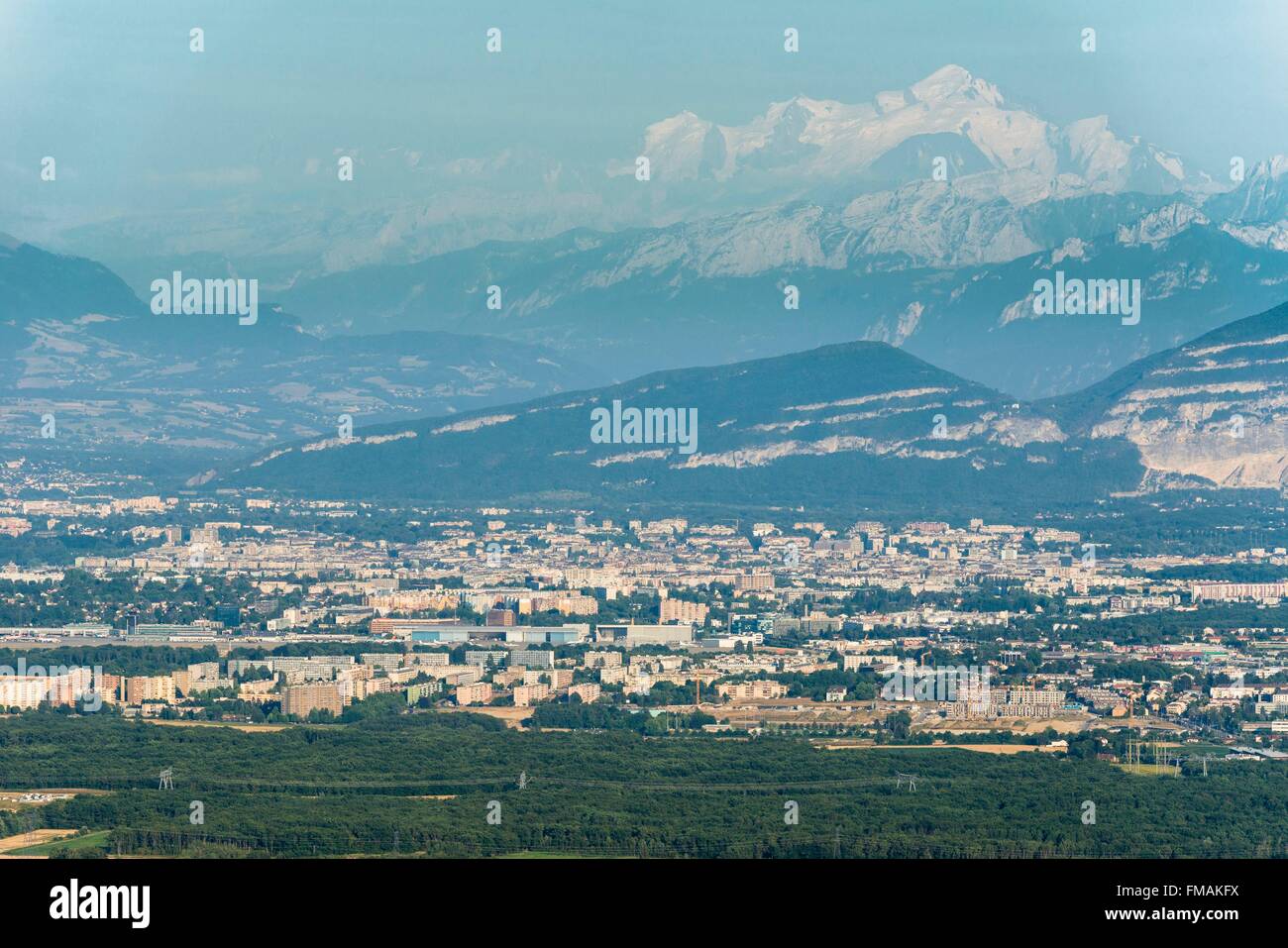 France, Ain, Pays de Gex, Jura High Chain Nature Reserve, the Pailly lookout offers a view over the Pays de Gex and the Alps Stock Photo