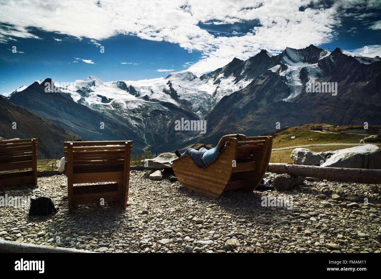 Switzerland, Canton of Valais, Saas Valley, Saas Grund, Kreuzboden 2397 m, sight on the chain of Dom Stock Photo