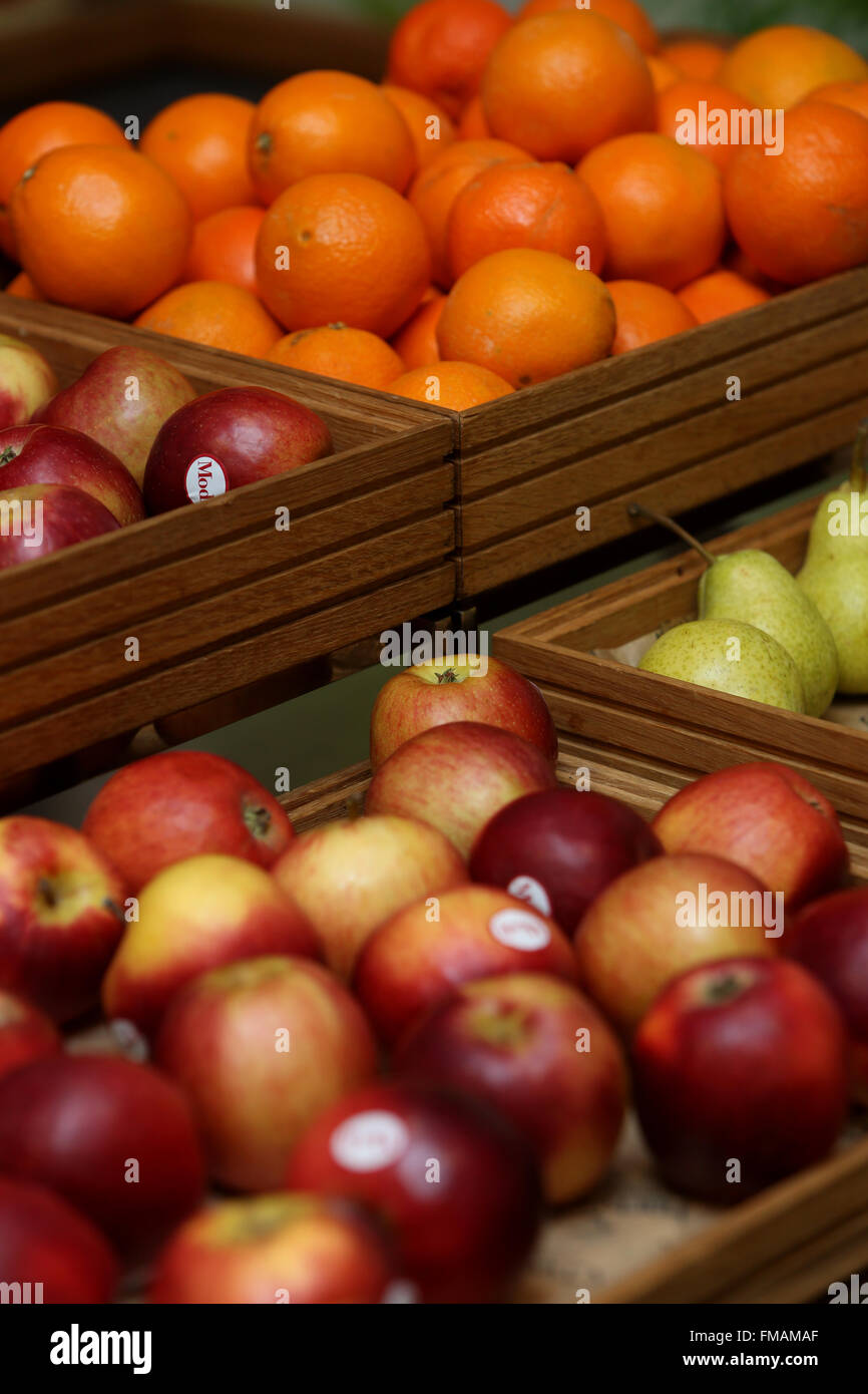 Oranges, apples and pears on display in a school café in Brighton, East