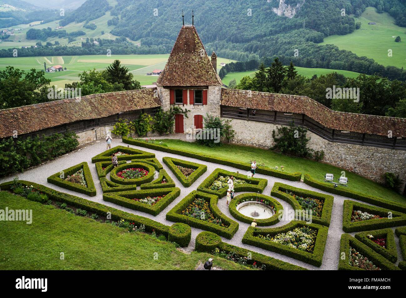 Switzerland, Canton of Fribourg, Gruyeres, medieval city, the castle,  french style garden Stock Photo - Alamy
