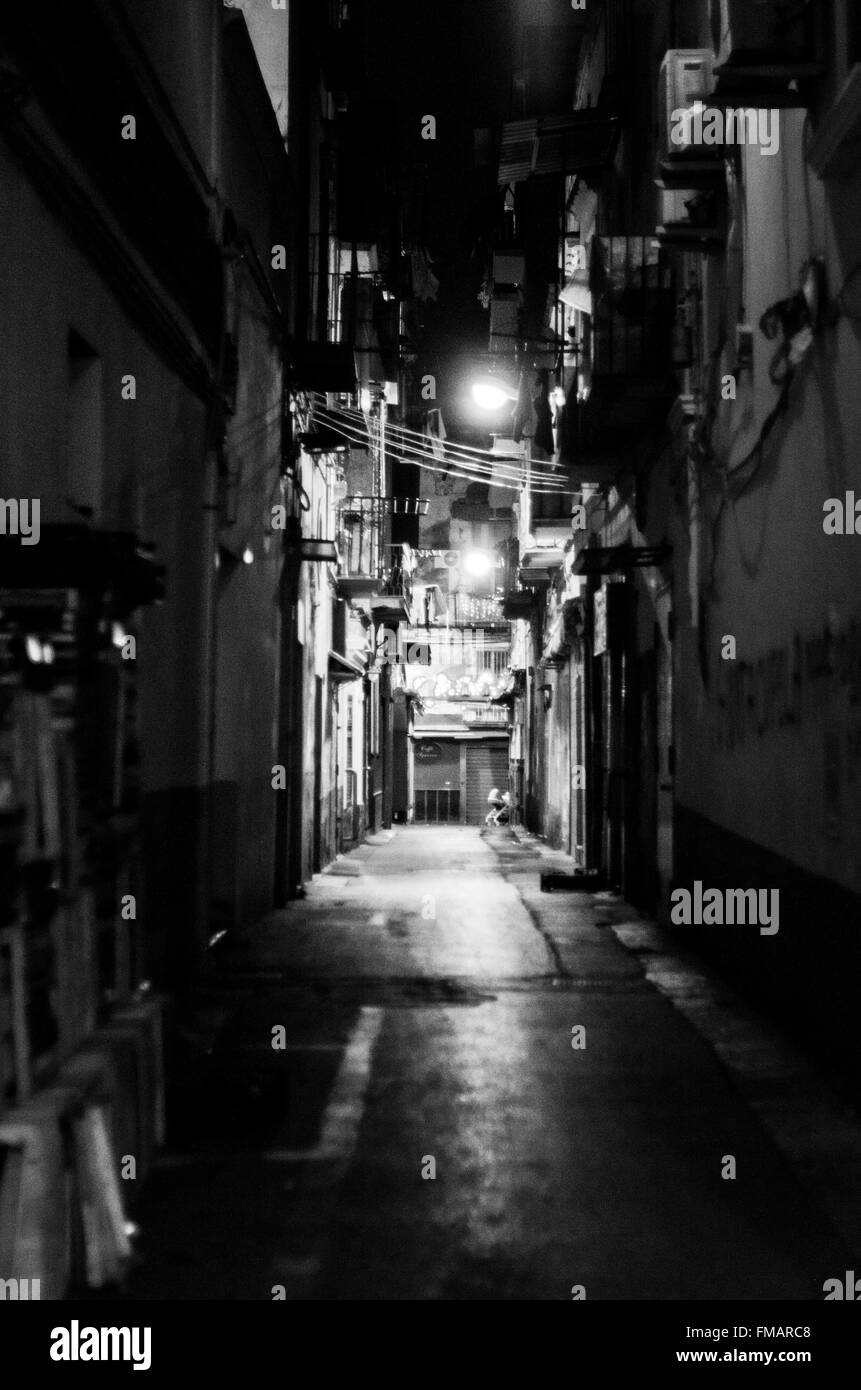 Naples street at night in black and with colors Stock Photo