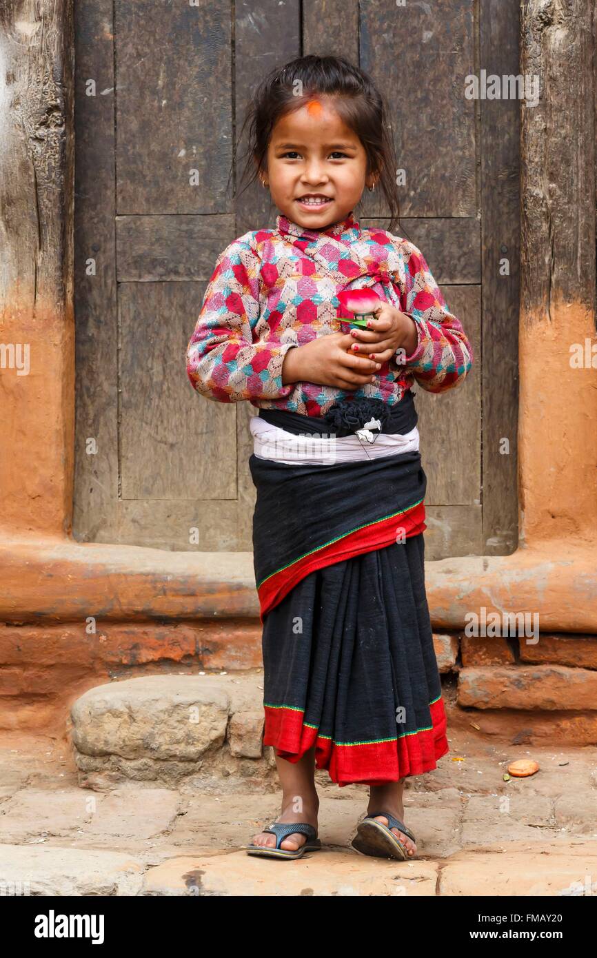 Nepal, Bagmati zone, Bhaktapur, newari dressed girl portrait Stock Photo
