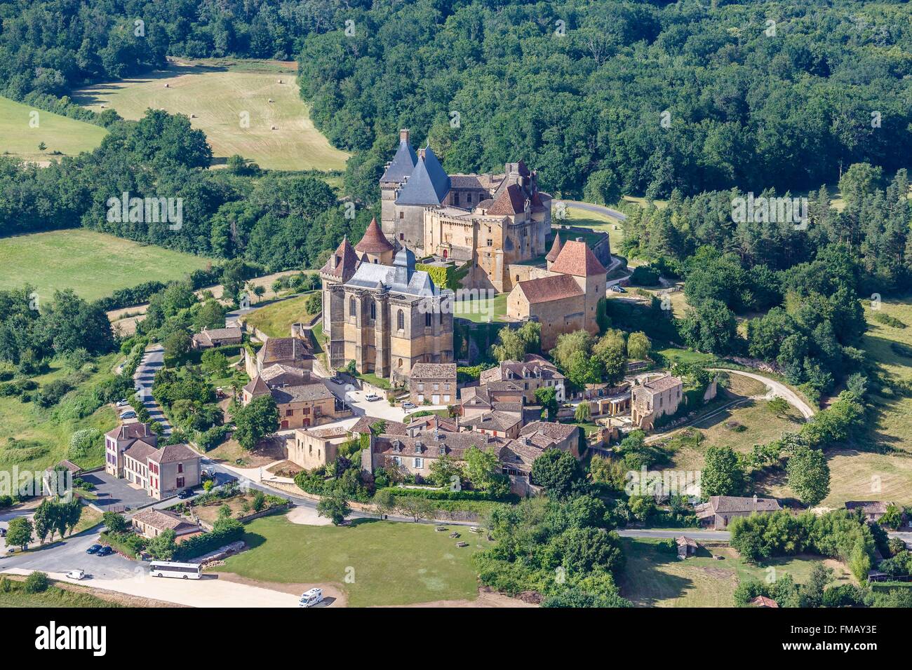 France, Dordogne, Biron, Biron castle and the village (aerial view