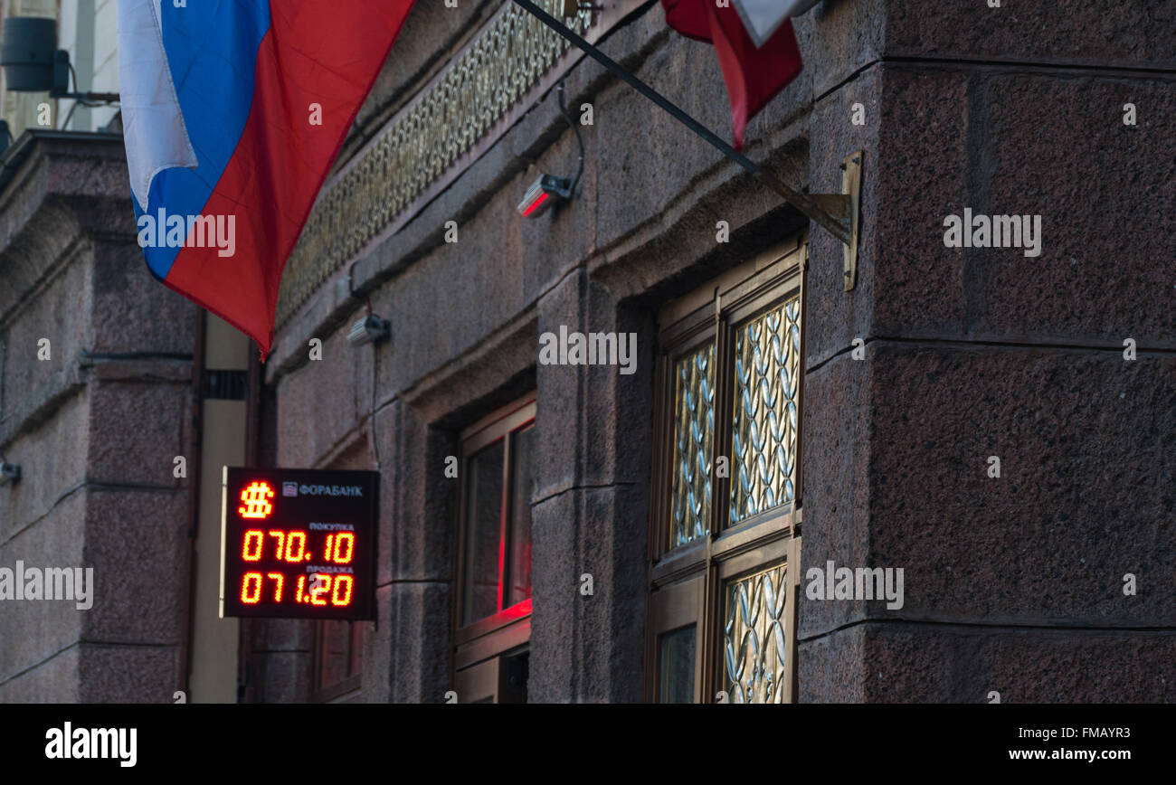 Exchange Rates exchanger on the street and Russian flag 2016 Stock Photo