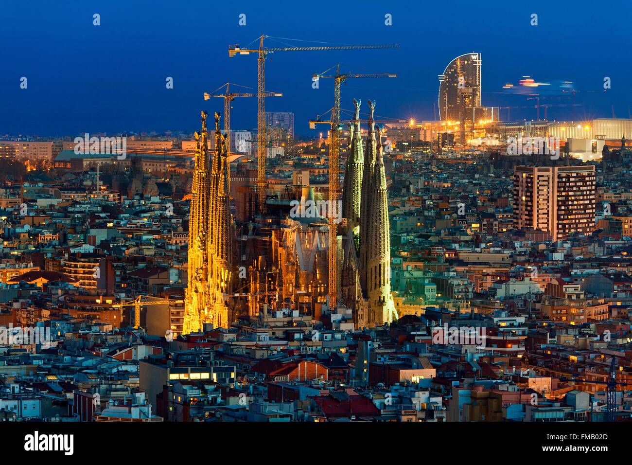 Spain, Catalonia, Barcelona, Panoramic view and skyline of the city with Sagrada Familia listed as World Heritage by the UNESCO Stock Photo