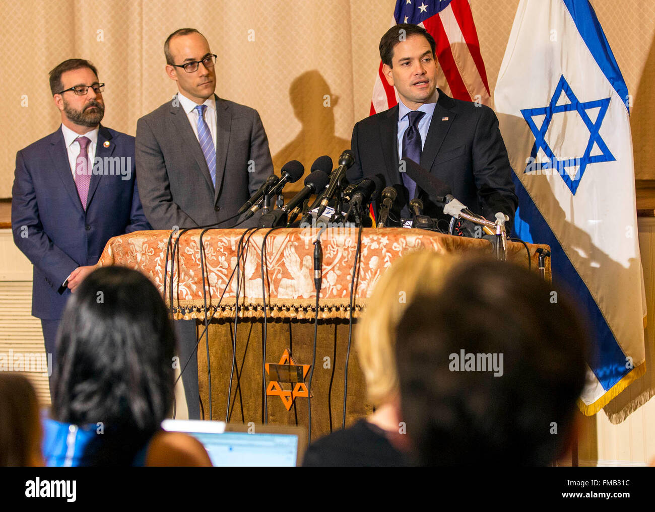 West Palm Beach, Florida, USA. 11th Mar, 2016. Senator Marco Rubio, (R), Republican presidential candidate during a press conference Friday March 11, 2016, at Temple Beth El in West Palm Beach. Credit:  Bill Ingram/The Palm Beach Post/ZUMA Wire/Alamy Live News Stock Photo