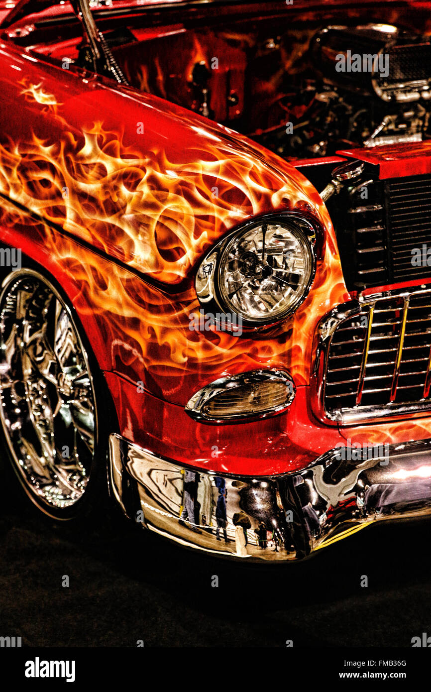 Flames painted on a vintage car at the World of Wheels Auto Show Chicago Illinois 1955 Chevrolet Belair Stock Photo