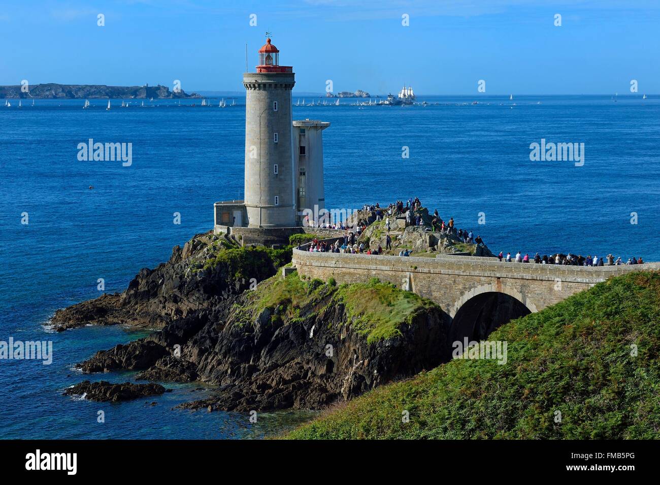 France, Finistere, roadstead of Brest (rade de Brest), Petit Minou lighthouse, L'Hermione frigate departure, replica of the Stock Photo