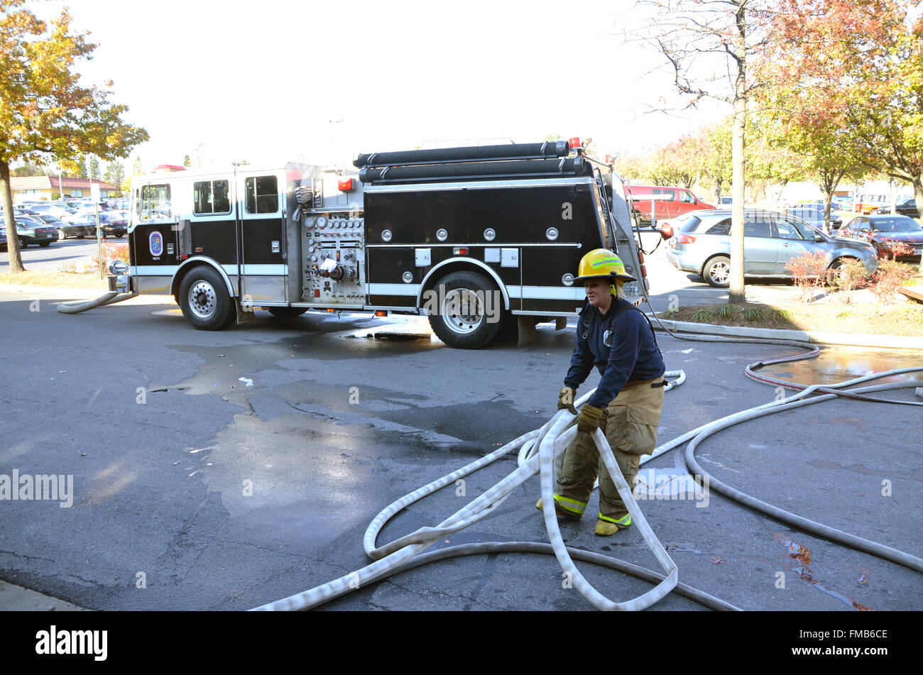 Female firefighter drags hose with a black fire truck in the background Stock Photo