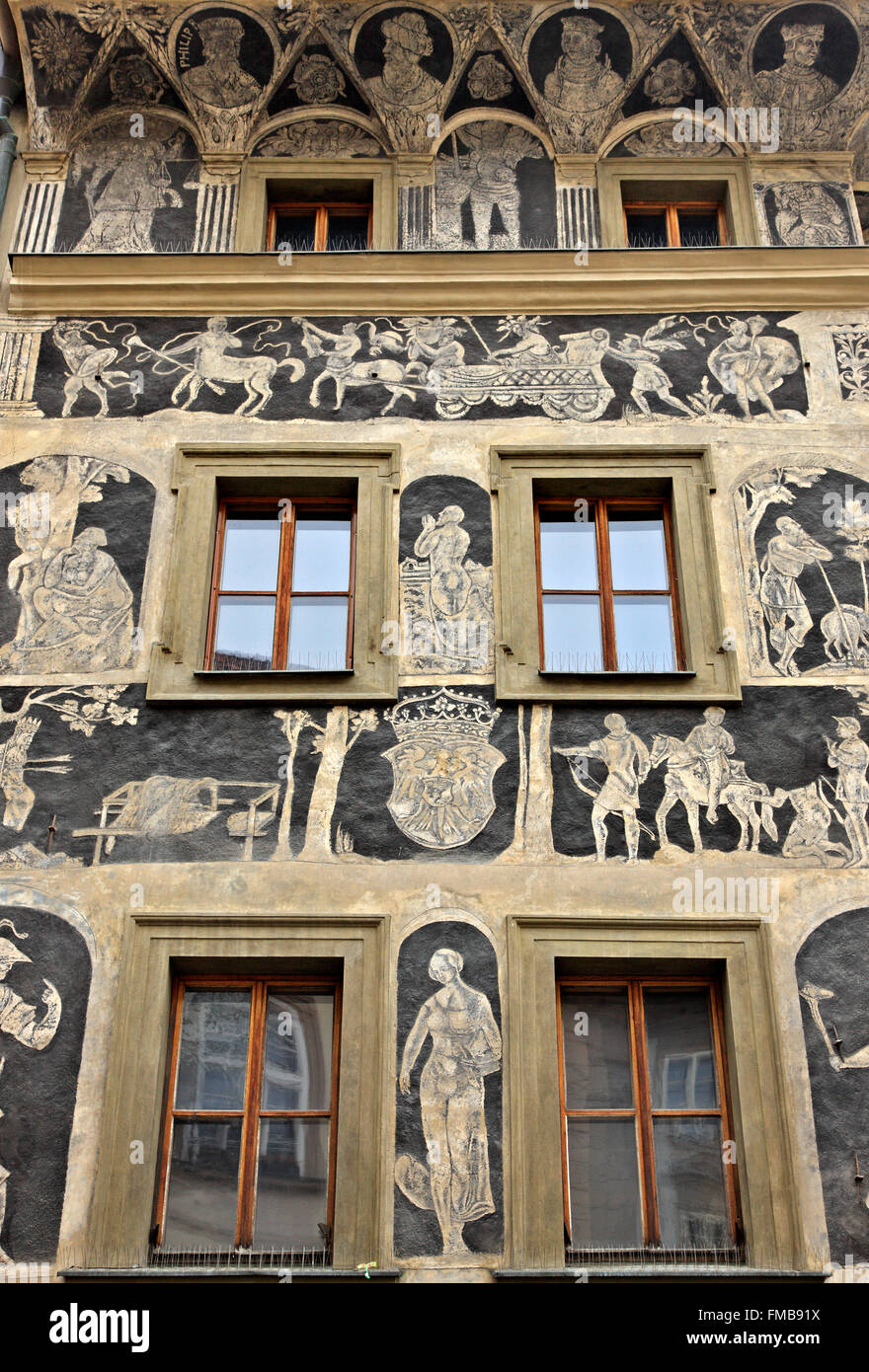 Building decorated with the 'sgraffito' technique, next to the Old Town Square,  Stare Mesto ('Old Town') Prague, Czech Republic Stock Photo