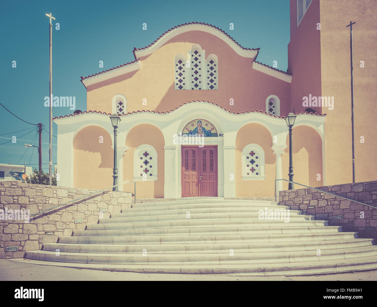 Greek orthodox church on Mediterranean Kos island in Kefalos village Stock Photo