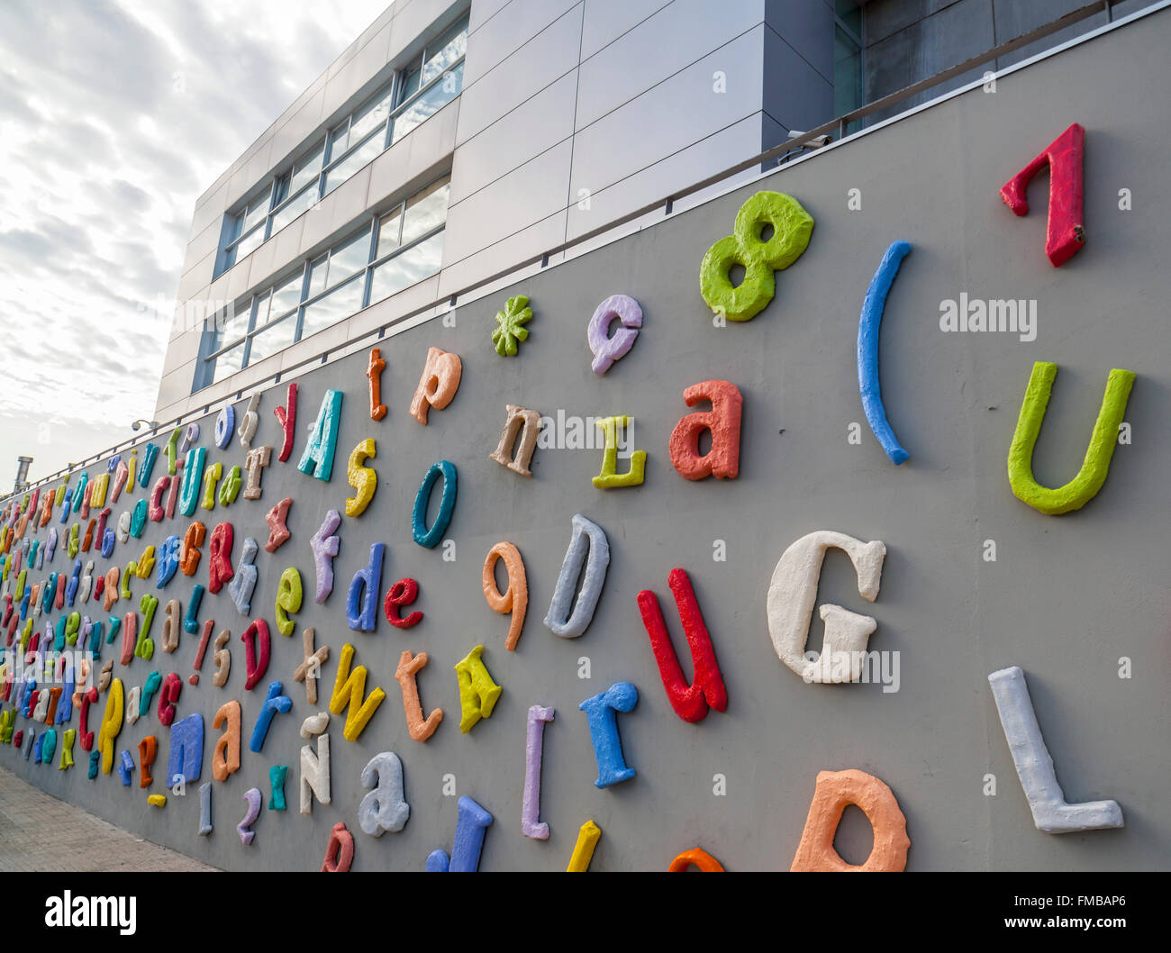 Wall letters exterior of library,Cornellà de Llobregat,Catalonia,Spain. Stock Photo