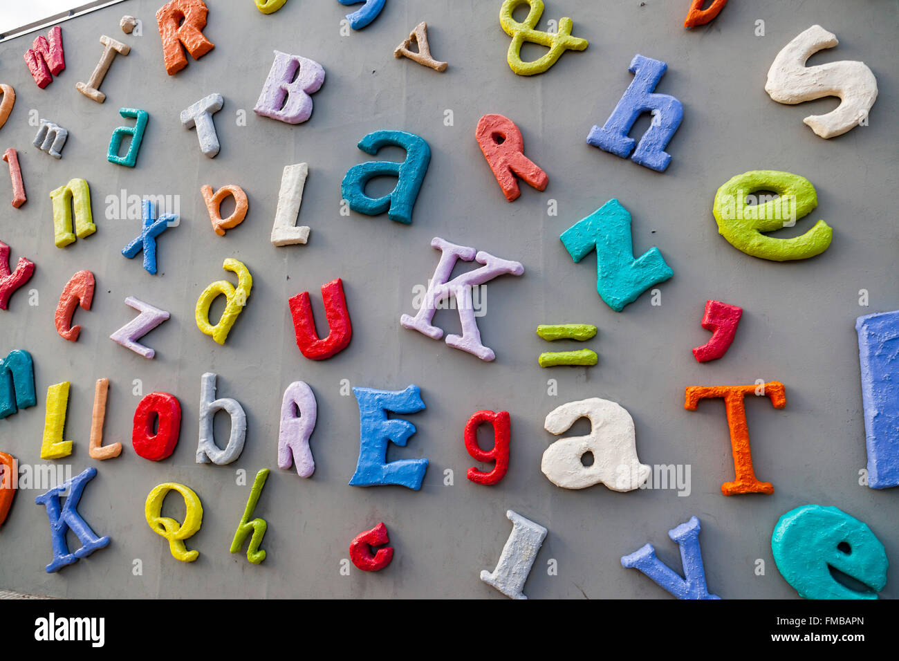 Wall letters exterior of library,Cornellà de Llobregat,Catalonia,Spain. Stock Photo