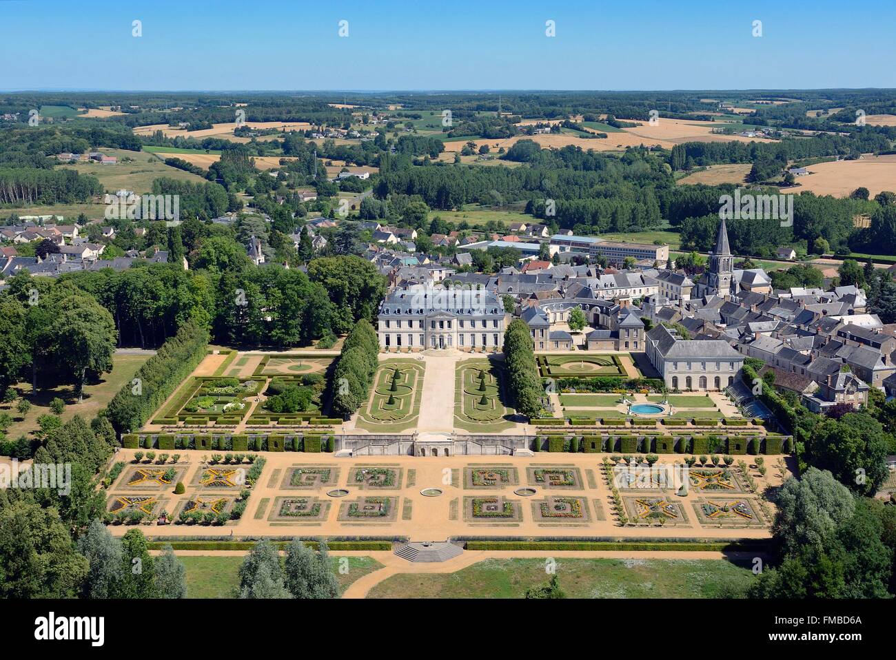 France, Sarthe, Le Grand Luce, the castle ans its gardens (aerial view) Stock Photo